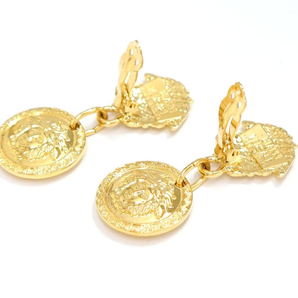 GIANNI VERSACE Medusa Dangle Clip-On Earrings Gold Tone Auth l1126-1 - Picture 3 of 5